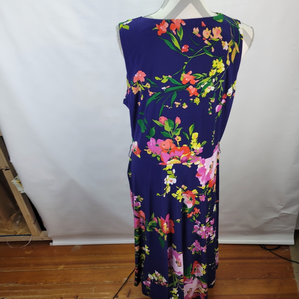 Lauren Ralph Lauren Faux Wrap Navy Floral Sleeveless Midi Dress Side Zip Size 16 - Picture 6 of 12